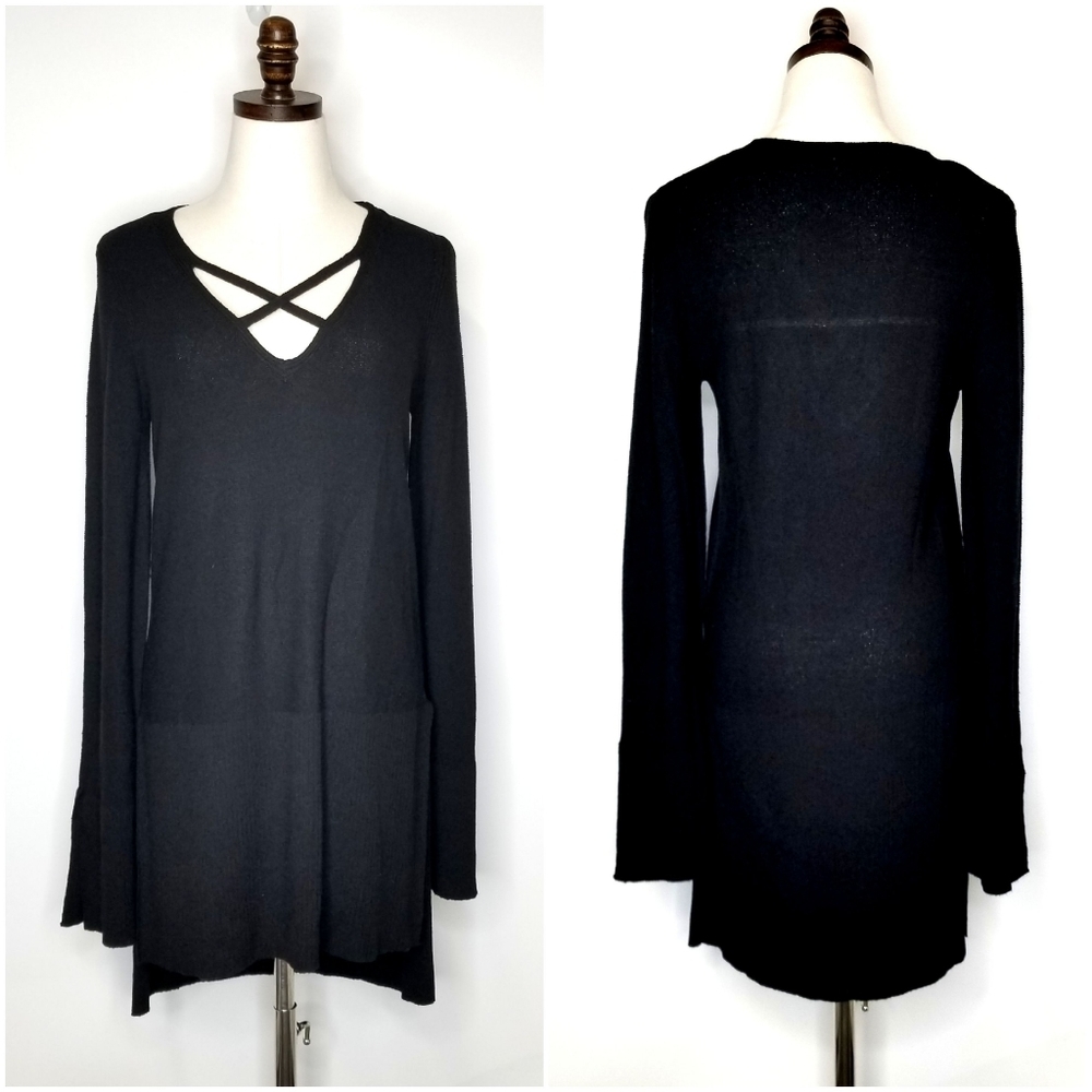 Free People Crossed Front V-neck Hi-Low Relaxed Longsleeve Tunic Knit Sw…